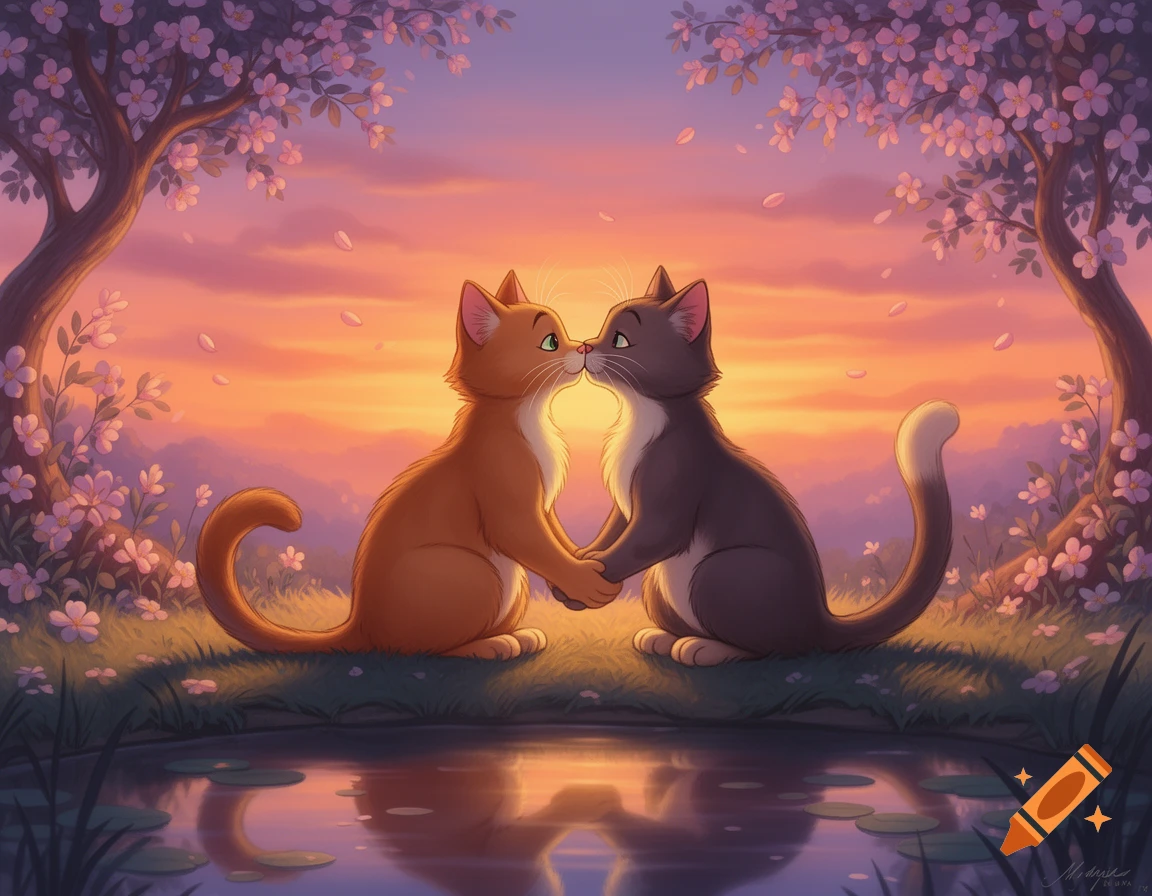 Two cartoon cats in Don Bluth style kiss and hold hands under cherry blossom trees at sunset by a pond.