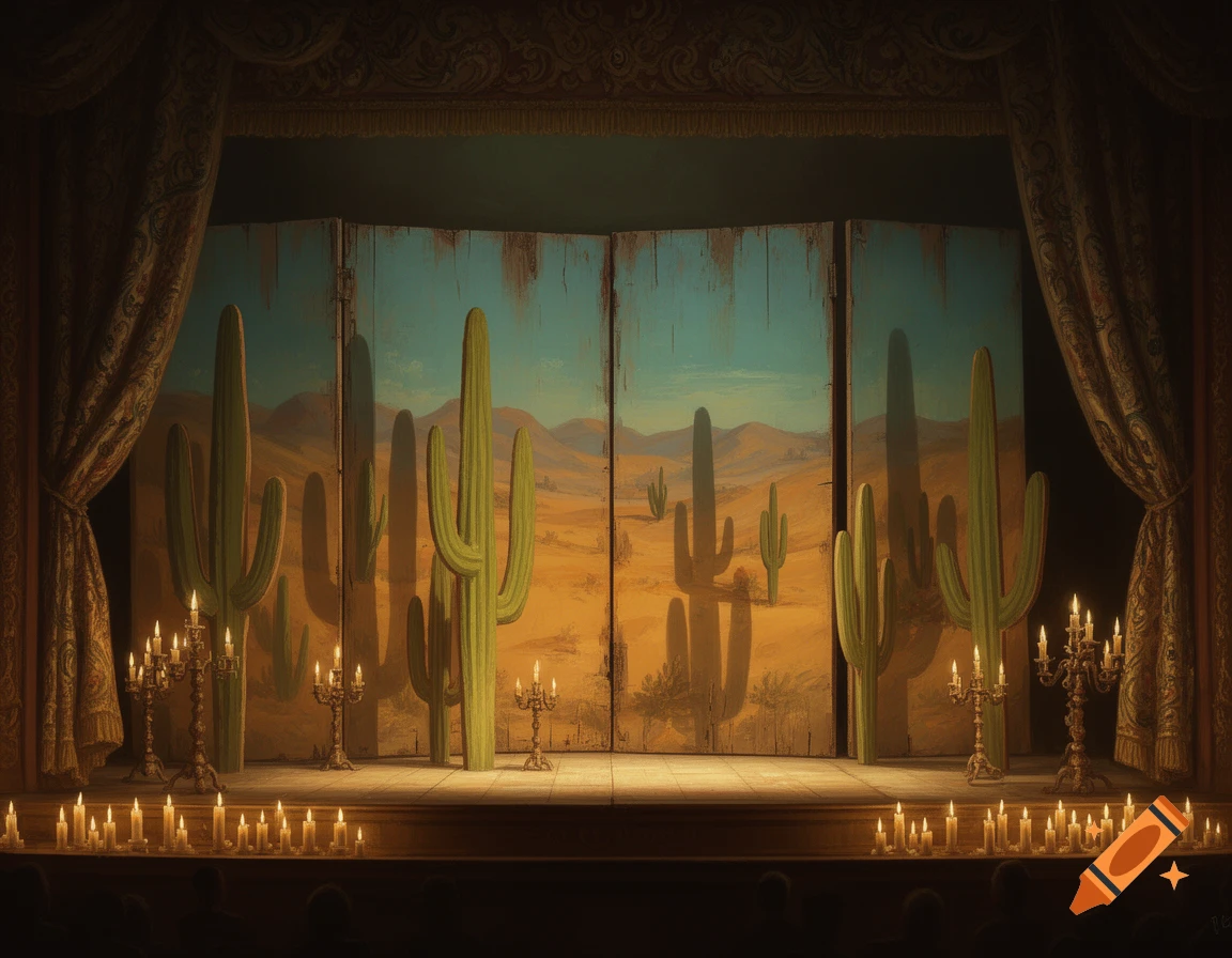 A Rococo-style theatre stage featuring a painted desert landscape backdrop with saguaro cactus cutouts and numerous lit candles.
