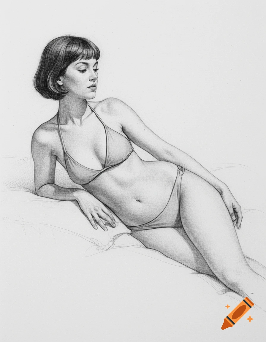 Pencil sketch line art of a woman with short hair lying on her side in a bikini.