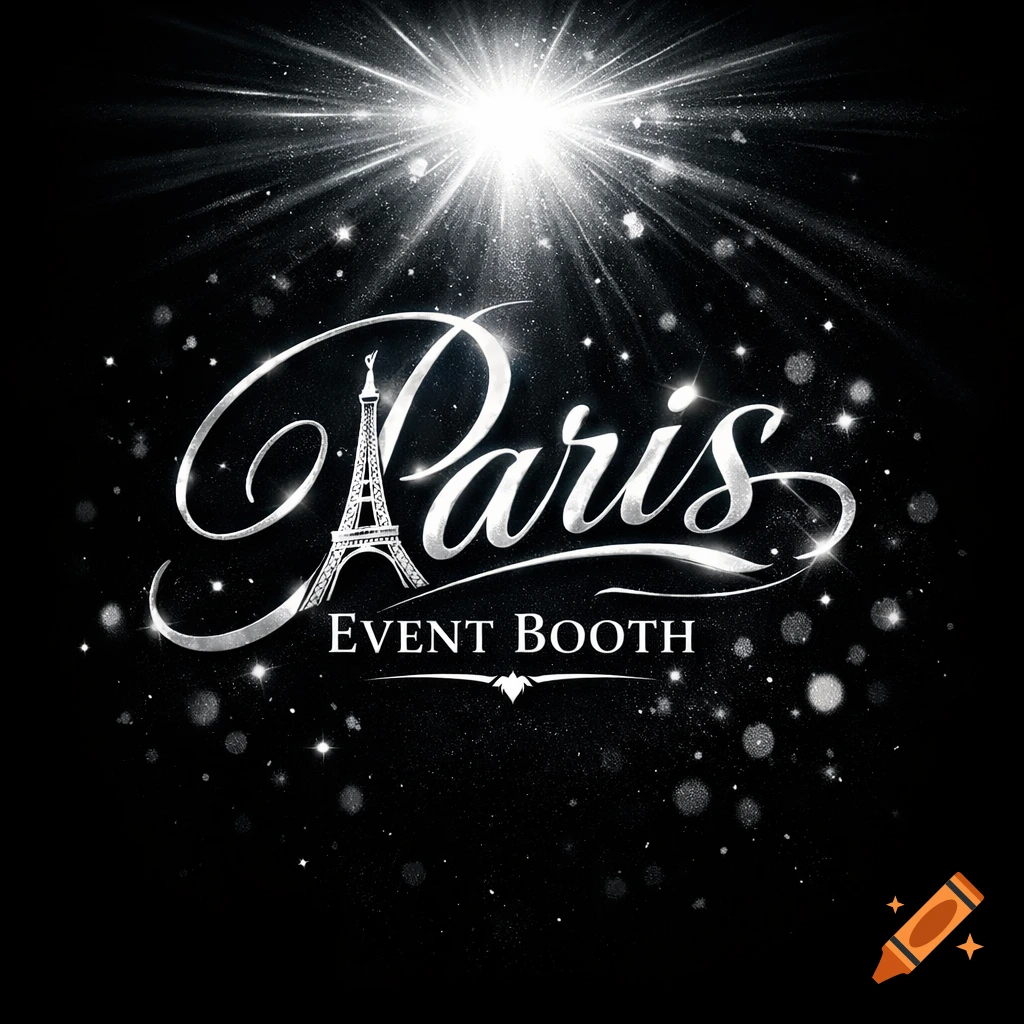 Silver 'Paris Event Booth' logo with an Eiffel Tower icon, bright spotlight, and sparkles on a black background.