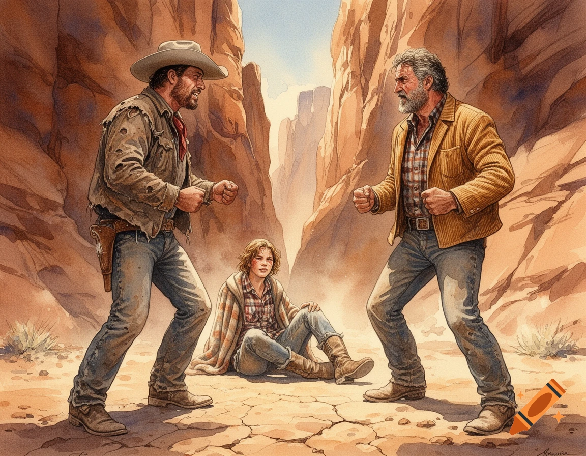 Two men square off in a dry sandstone canyon as an injured woman sits ...