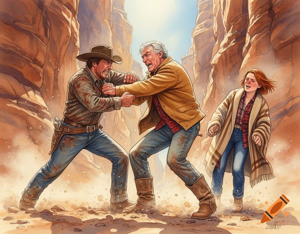 Watercolor painting of two men fighting in a sandstone canyon, with a distressed woman nearby trying to stand up.