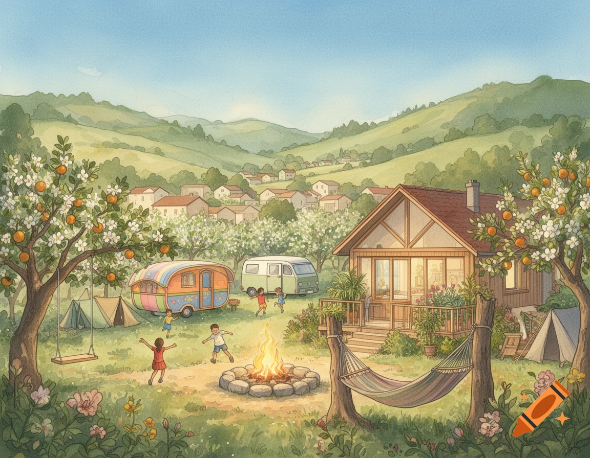 A whimsical watercolor illustration of a rural valley scene with children playing near a campfire, a house, caravans, tents, flowering trees, and a hammock.