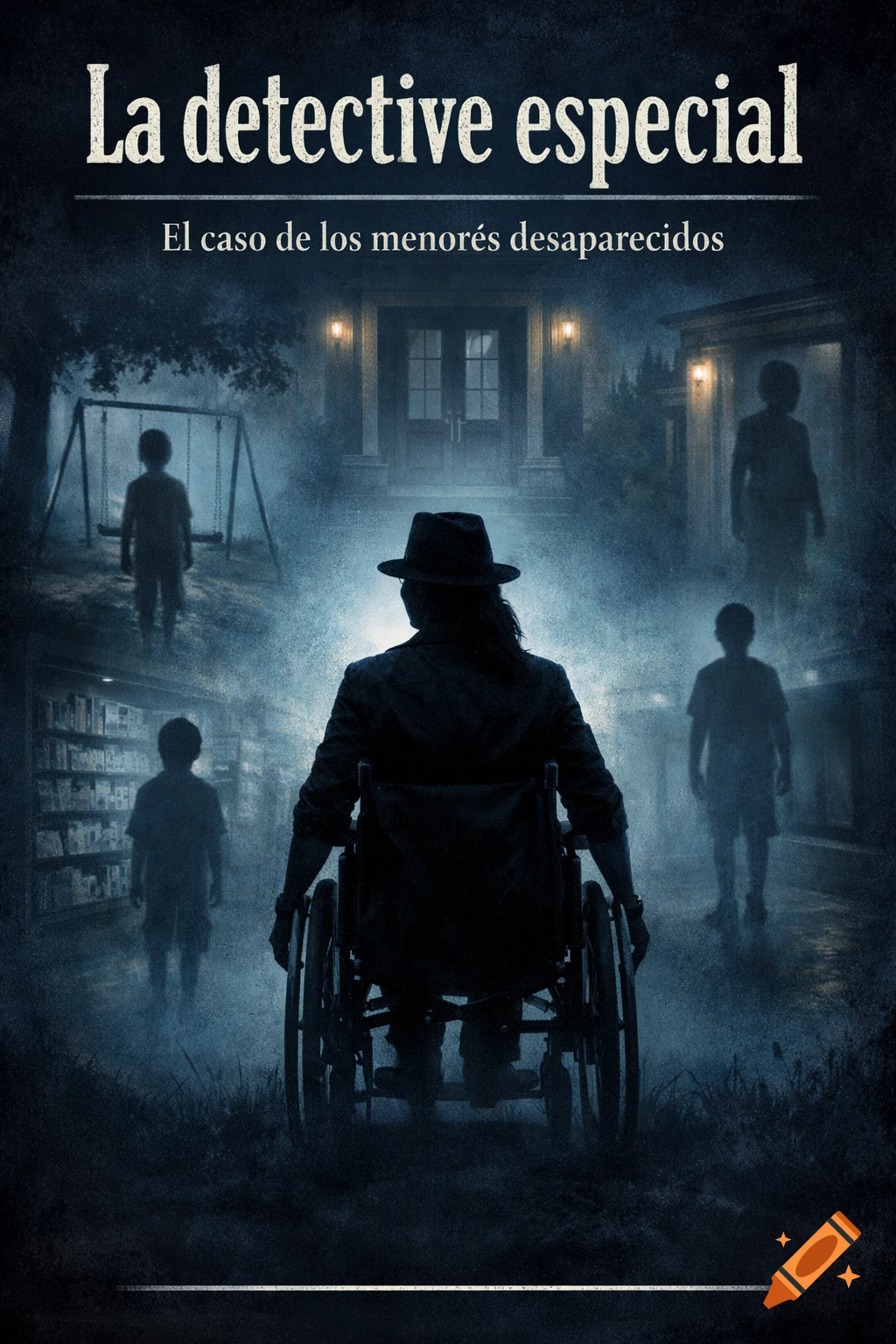 A dark, misty, blue-toned mystery novel cover with a detective in a wheelchair seen from behind. Ethereal silhouettes of children appear around her, with a house, swings, and shelves in the background. Text reads "La detective especial" and "El caso de los menores desaparecidos".
