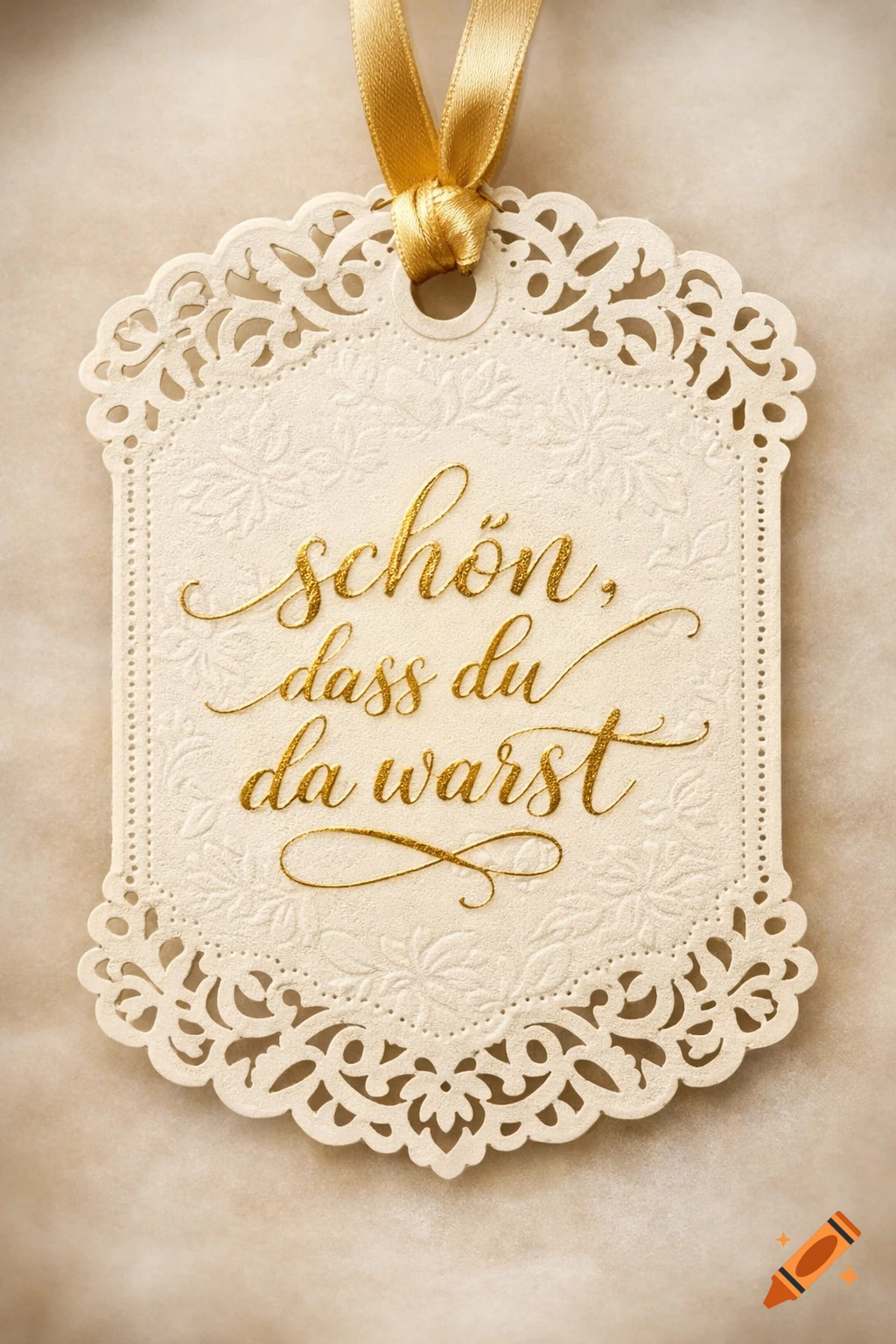White ornate lace-edged gift tag with embossed patterns, tied with a gold ribbon, featuring "sch den, dass du da warst" in gold script.