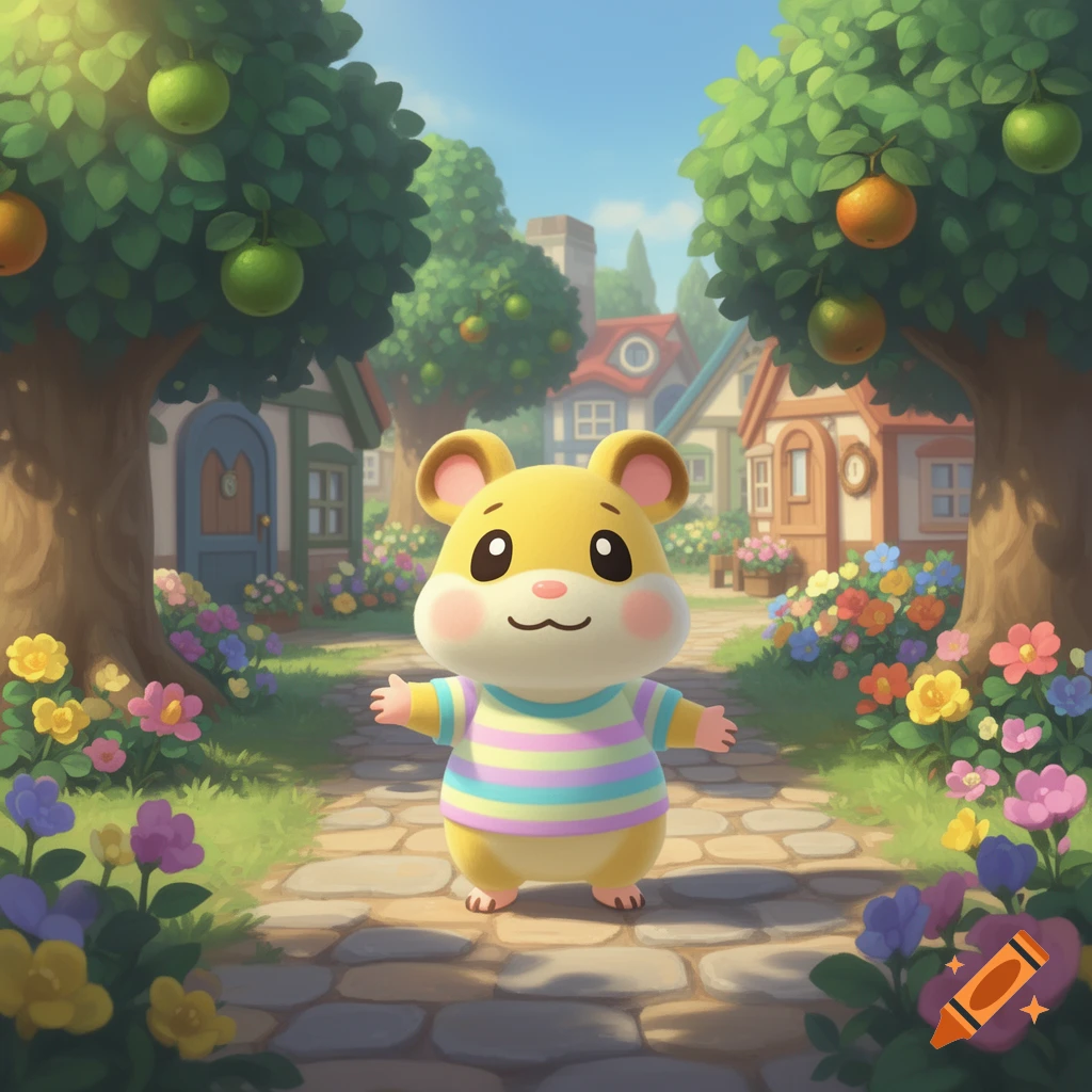 A cute yellow cartoon hamster in a striped shirt stands on a cobblestone path in a sunny Animal Crossing-style village with trees, houses, and colorful flowers.