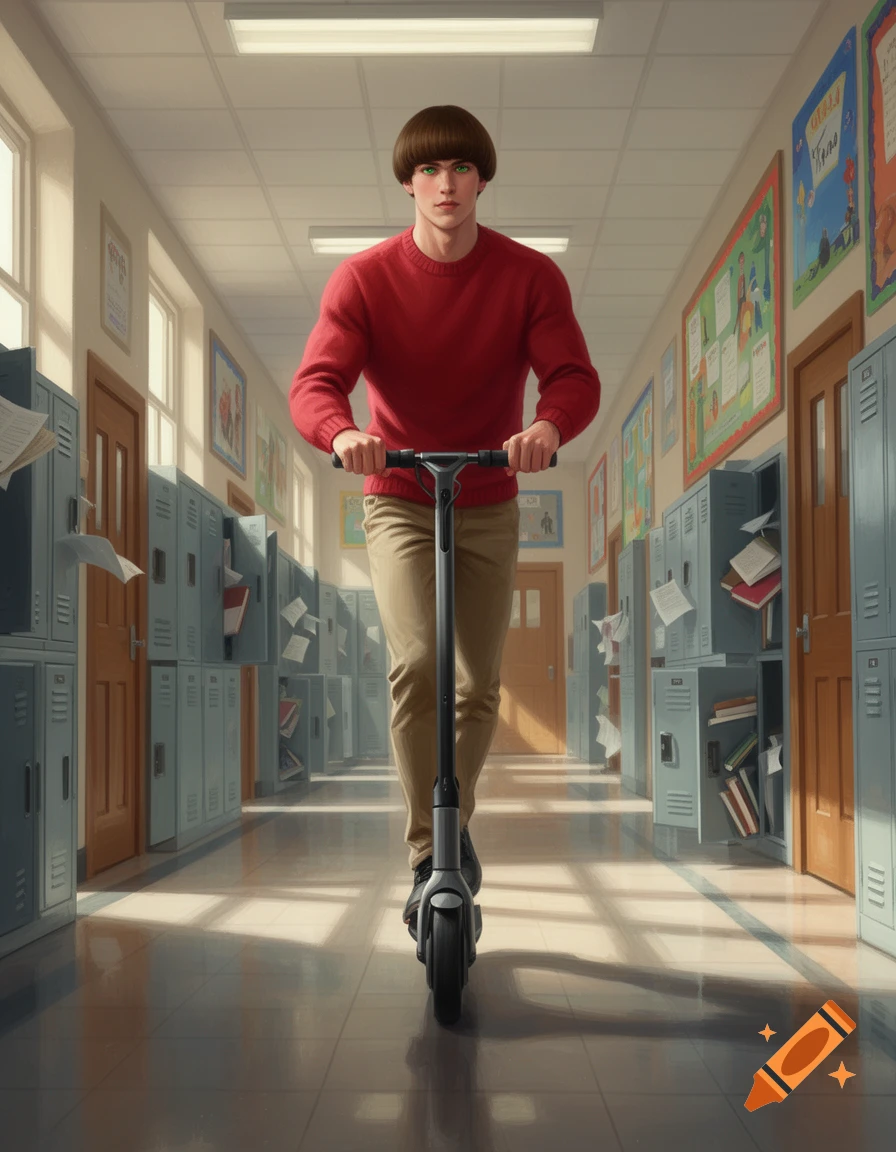 A male with a bowl cut and green eyes, wearing a red sweater and khaki pants, rides a scooter down a school hallway filled with lockers.
