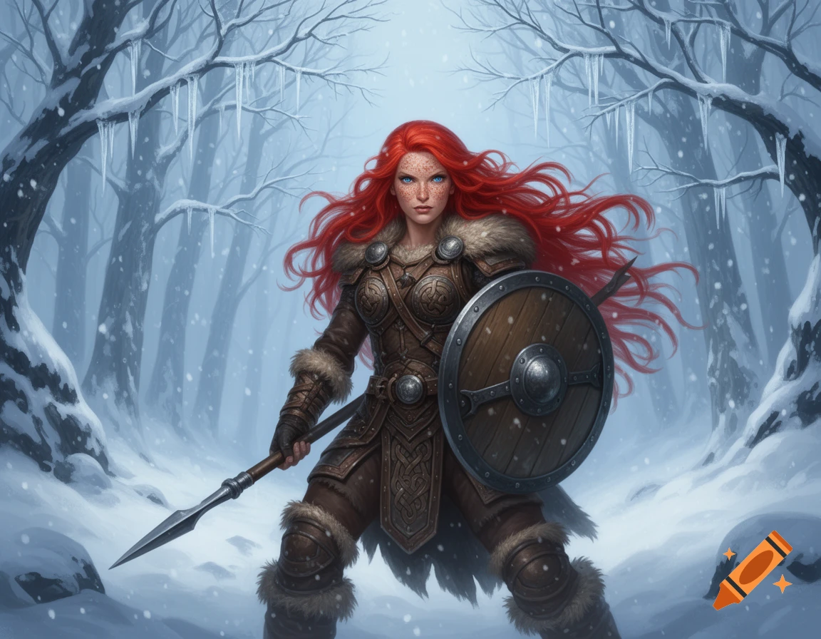 A red-haired Viking shield maiden with freckles holds a spear and shield in a snowy forest, wearing fur-trimmed leather armor.