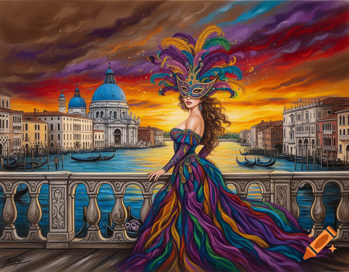 Vibrant painting of a woman in a colorful feathered Venetian mask and gown on a balcony overlooking the Grand Canal at sunset.