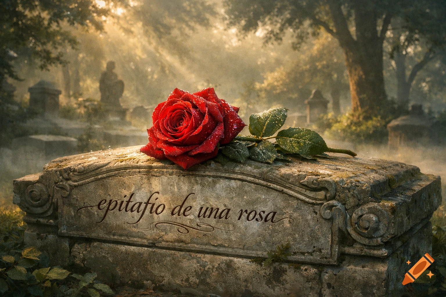 A single dew-kissed red rose lies on an old, moss-covered tombstone in a misty, sunlit cemetery. The tombstone reads 'epitafio de una rosa'.