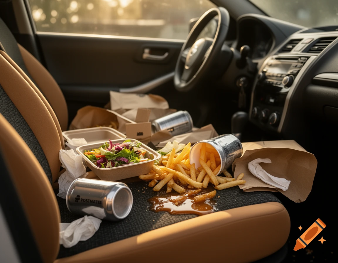 Photorealistic shot of a spilled Postmates order in a car's front seat, with fries, salad, and drinks on the upholstery.