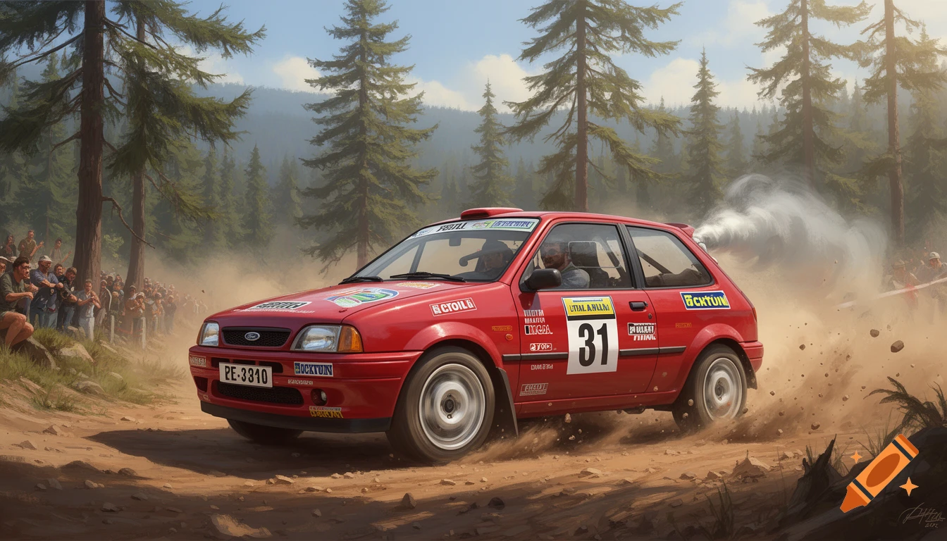 A red rally car with number 31 kicks up dust on a dirt track lined with spectators in a forest during a race.