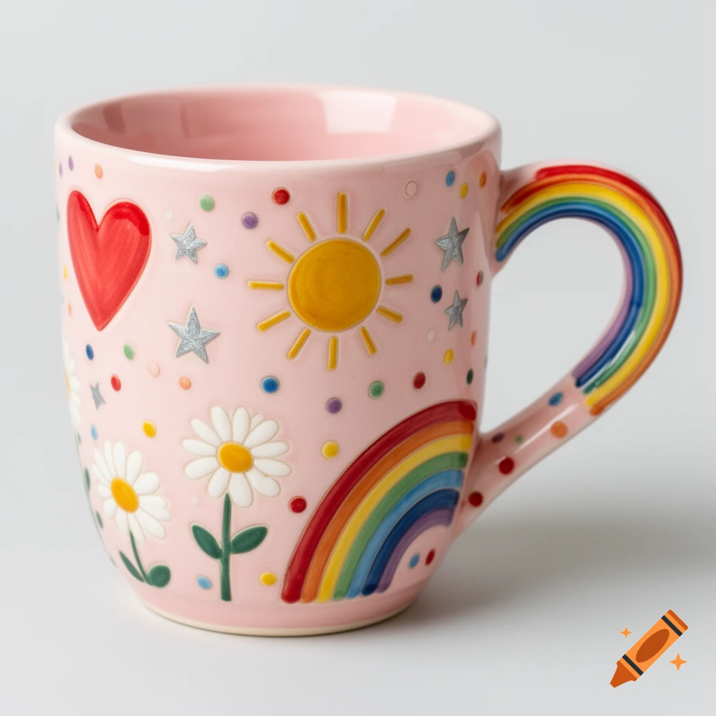 A pink pottery mug decorated with a red heart, sun, stars, daisies, and a rainbow-colored handle.