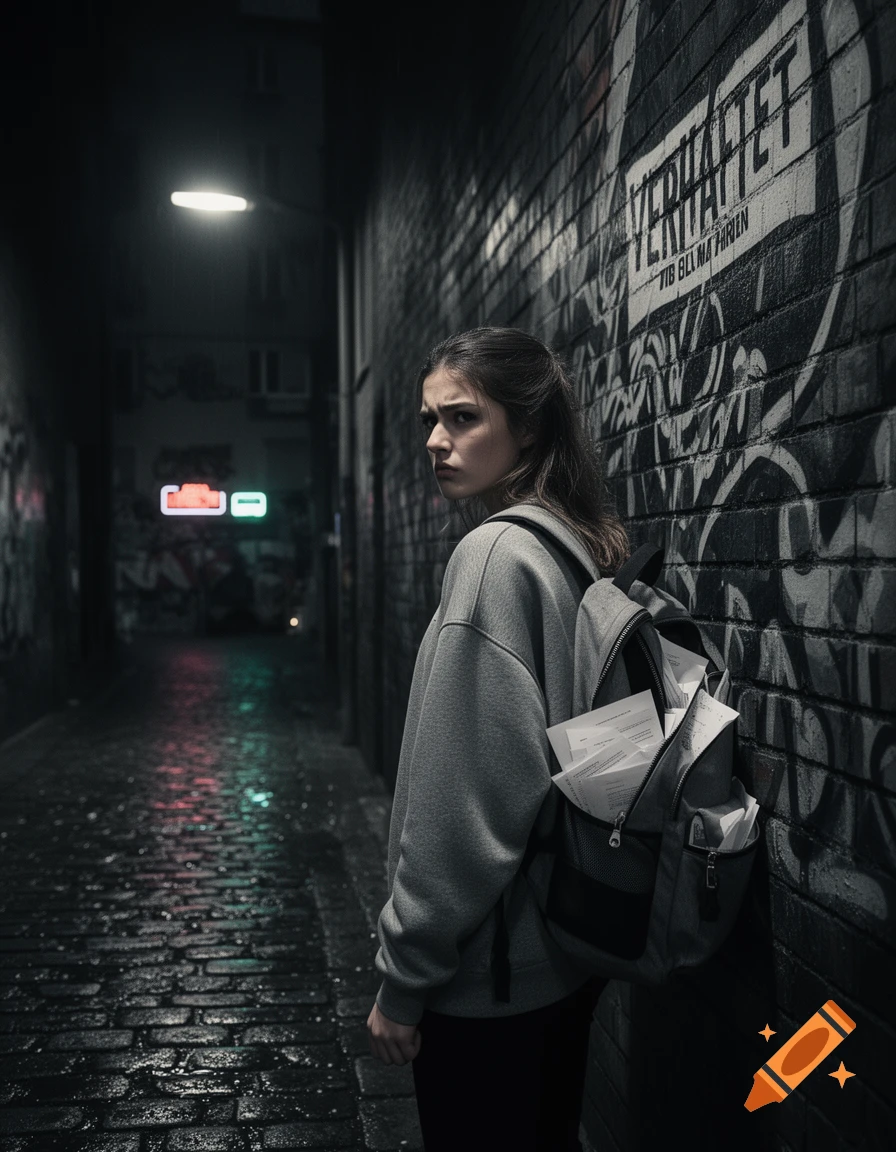 A young person in a grey hoodie and backpack stands in a dark, wet alleyway with brick walls covered in graffiti, looking over their shoulder with a concerned expression.