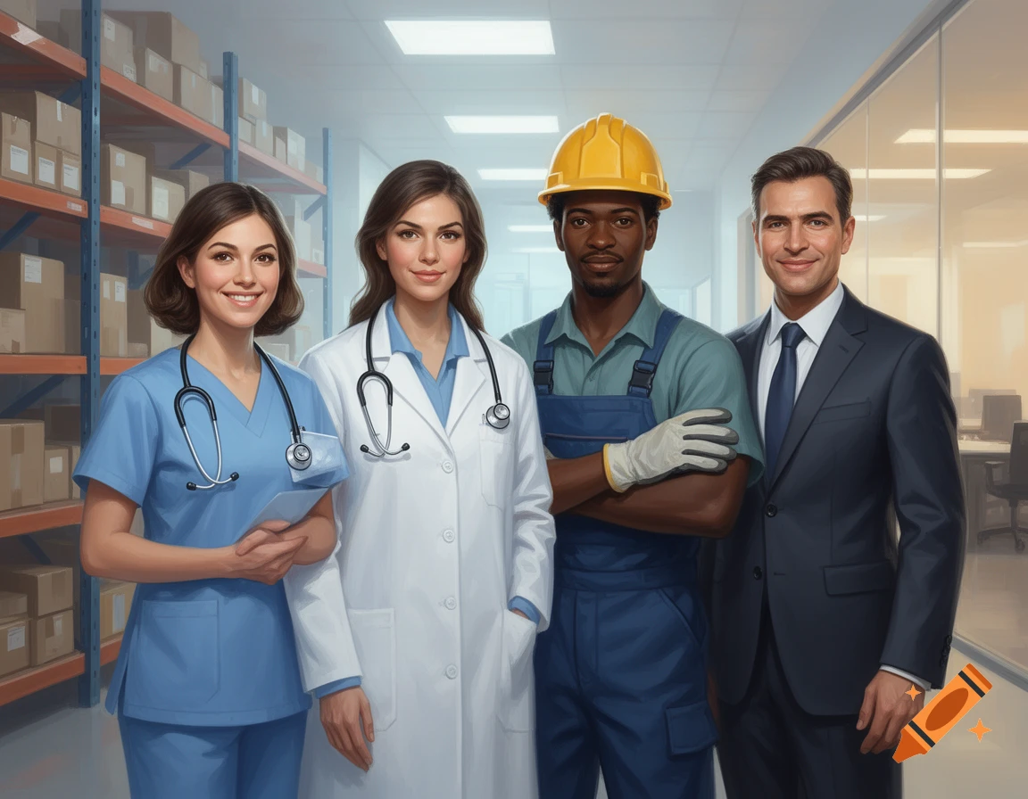 Four diverse professionals: a nurse, a doctor, a warehouse worker, and a CEO, standing in a brightly lit work environment.