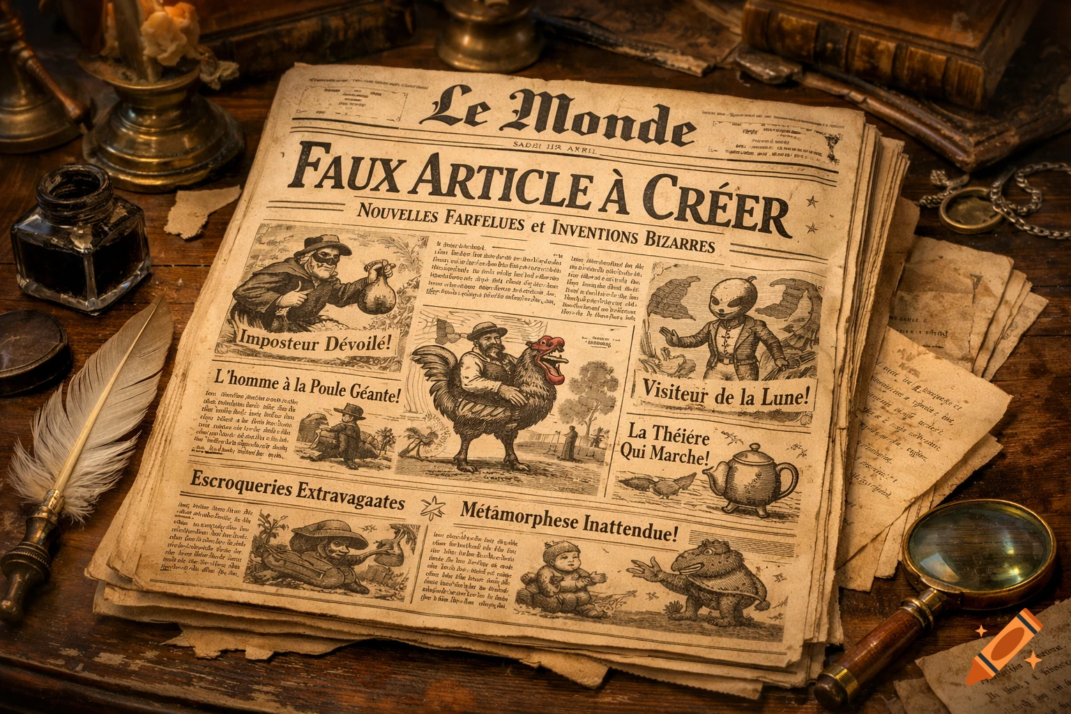 A vintage newspaper titled 'Le Monde' with whimsical illustrations and articles, surrounded by an inkwell, quill, and magnifying glass on a wooden desk.