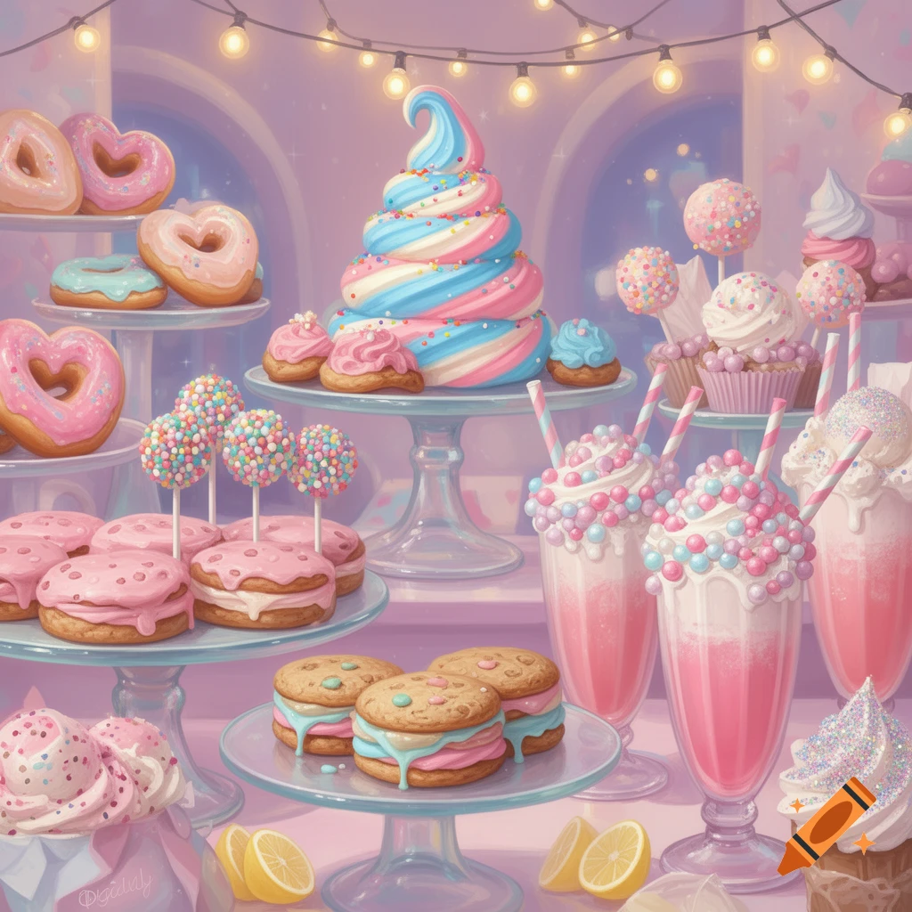A pastel-colored dessert bar with heart-shaped donuts, a swirled cake, cookies, milkshakes, cake pops, and fairy lights.