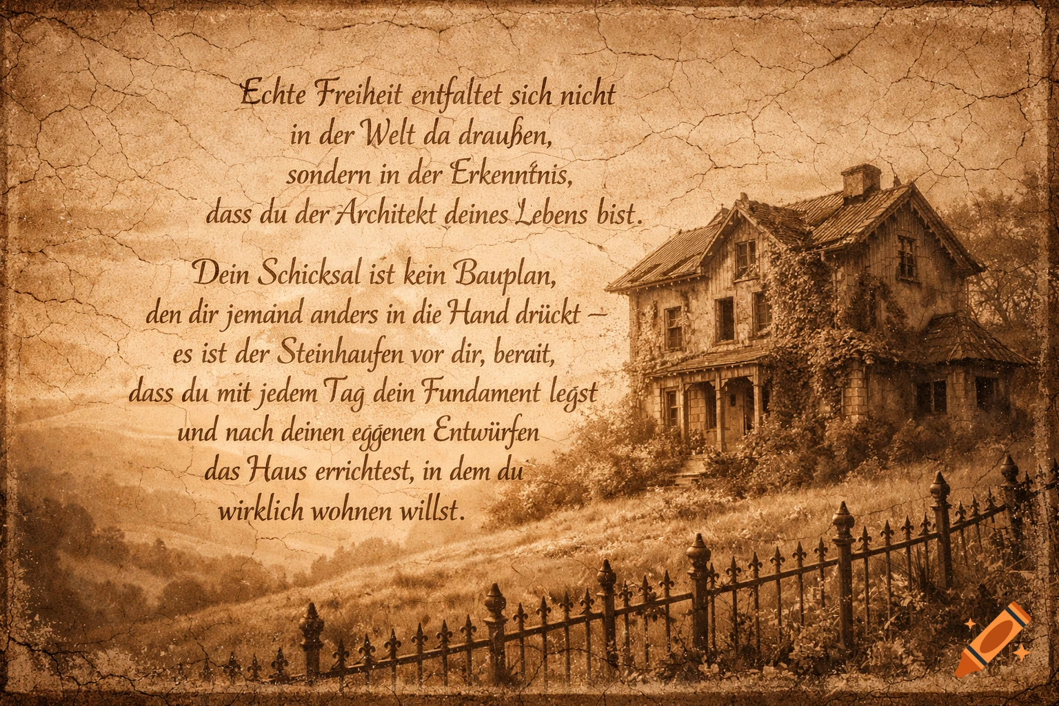 Sepia-toned image of an old, ivy-covered house on a hill, with an ornate fence in the foreground and German philosophical text overlaid on the left.