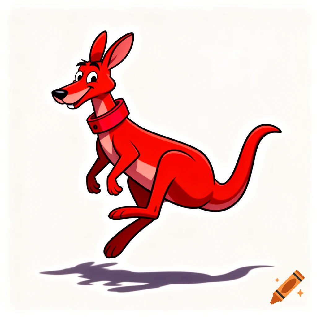 A cartoon red kangaroo with a red collar leaps with a happy expression, casting a shadow below.