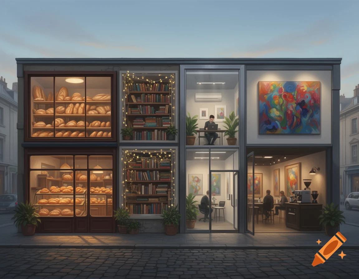 Exterior view of a multi-story building housing a bakery, bookshop, office, and art gallery with a coffee shop.