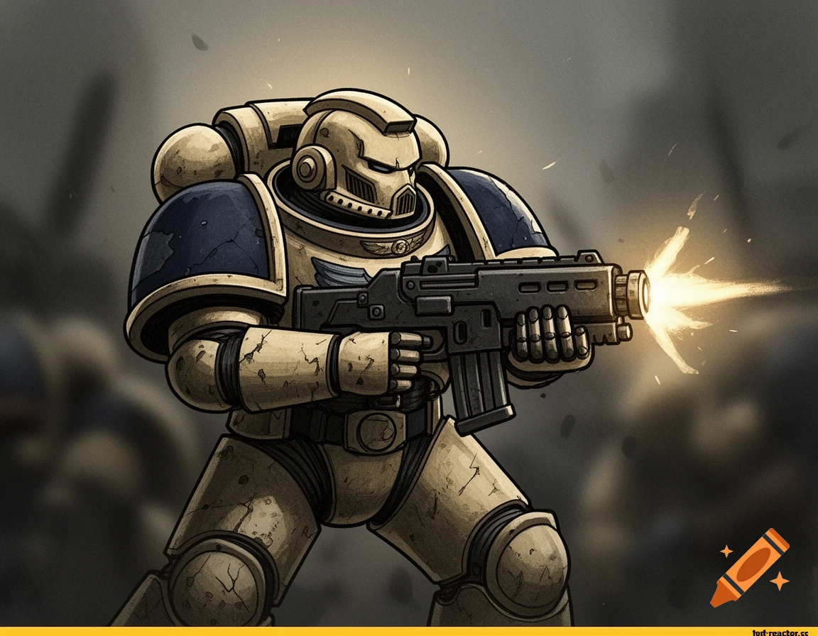 A grimdark, textured illustration of a Warhammer 40,000 Primaris Space Marine in beige armor with navy shoulders, firing a boltergun.