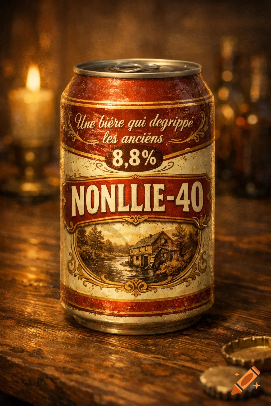 Photorealistic vintage beer can with a red and white label featuring a landscape and text, on a wooden table with a lit candle.