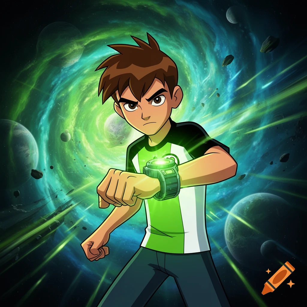 Cartoon Ben 10 activates his glowing green Omnitrix against a swirling green space background with planets.