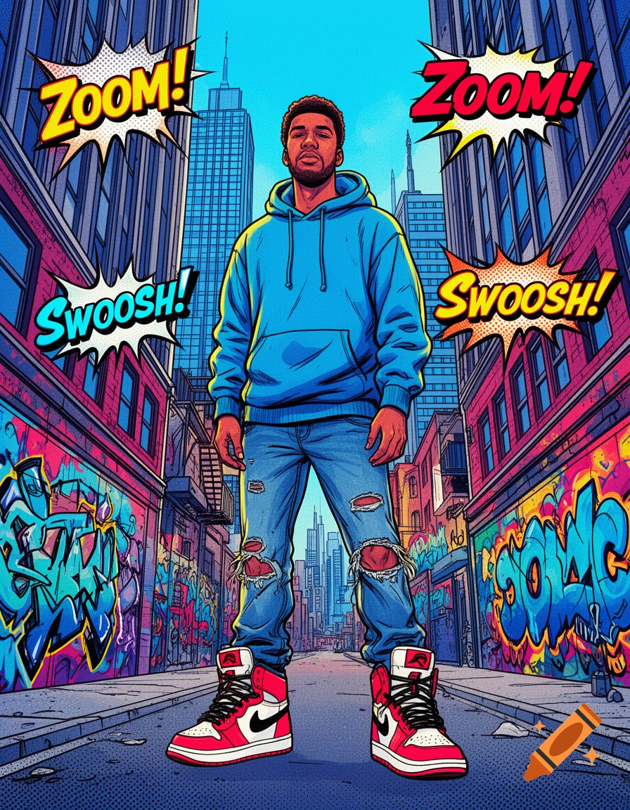 Comic art of a man in blue hoodie, ripped jeans, and red sneakers on a graffiti street with city buildings and sound effects.