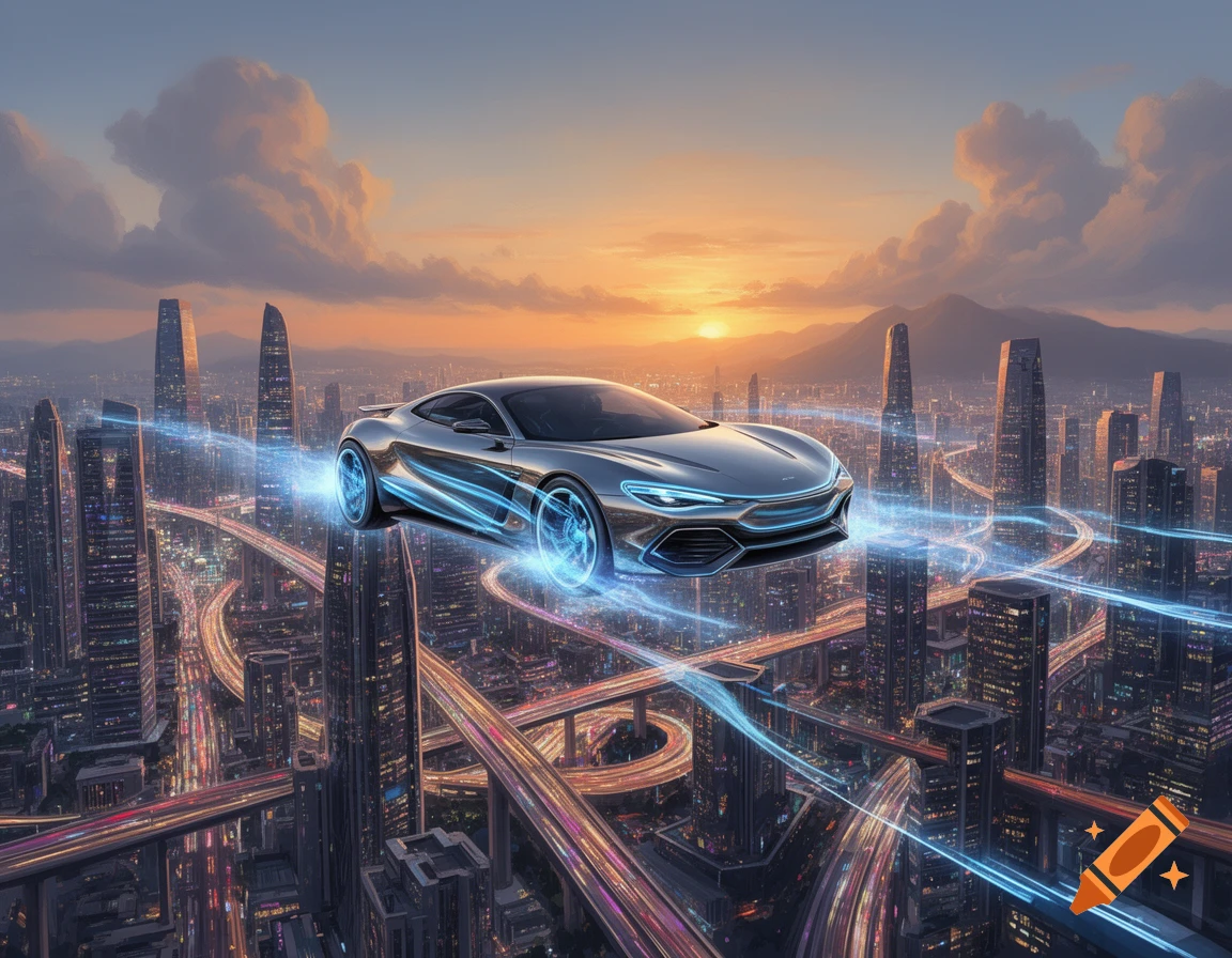 A sleek silver futuristic flying car hovers over a sprawling city at ...