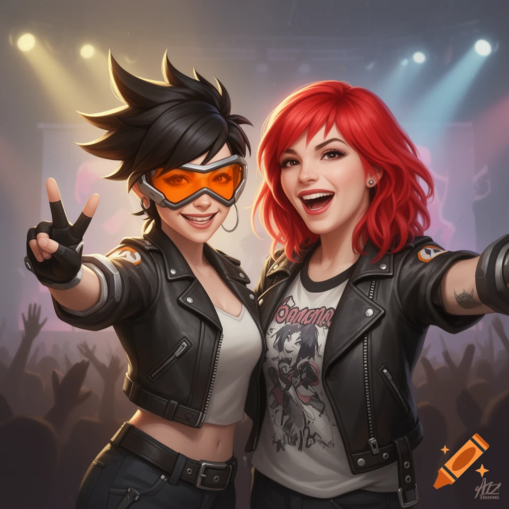 Tracer and Hayley Williams taking a selfie at a concert, both wearing leather jackets and smiling. Tracer makes a peace sign.