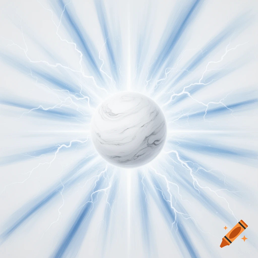 A glowing white marbled sphere is surrounded by blue energy beams and white lightning bolts against a radiant white background.