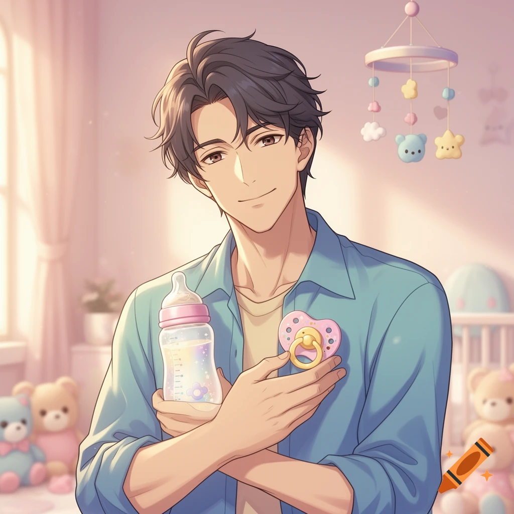An anime man smiles while holding a baby bottle and a pacifier in a pastel-colored nursery.