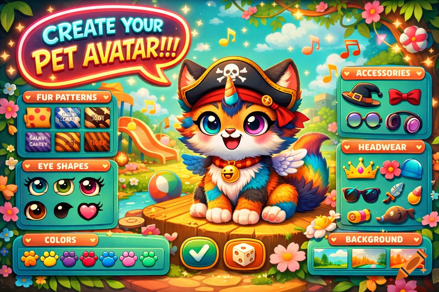 A colorful cartoon game interface with a cute cat character wearing a pirate hat and unicorn horn, surrounded by customization options like fur patterns, eye shapes, accessories, and backgrounds. The title reads 'CREATE YOUR PET AVATAR!!!'