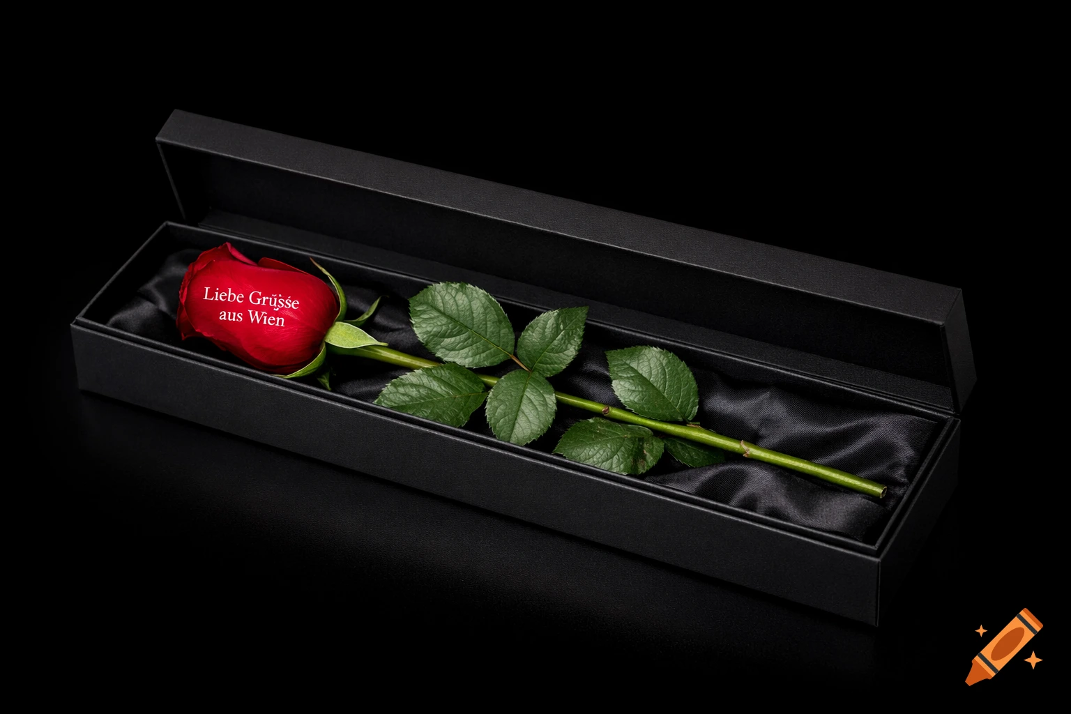 Red rose with 'Liebe Grüße aus Wien' on a petal, nestled in an open black gift box with satin lining on a black background.