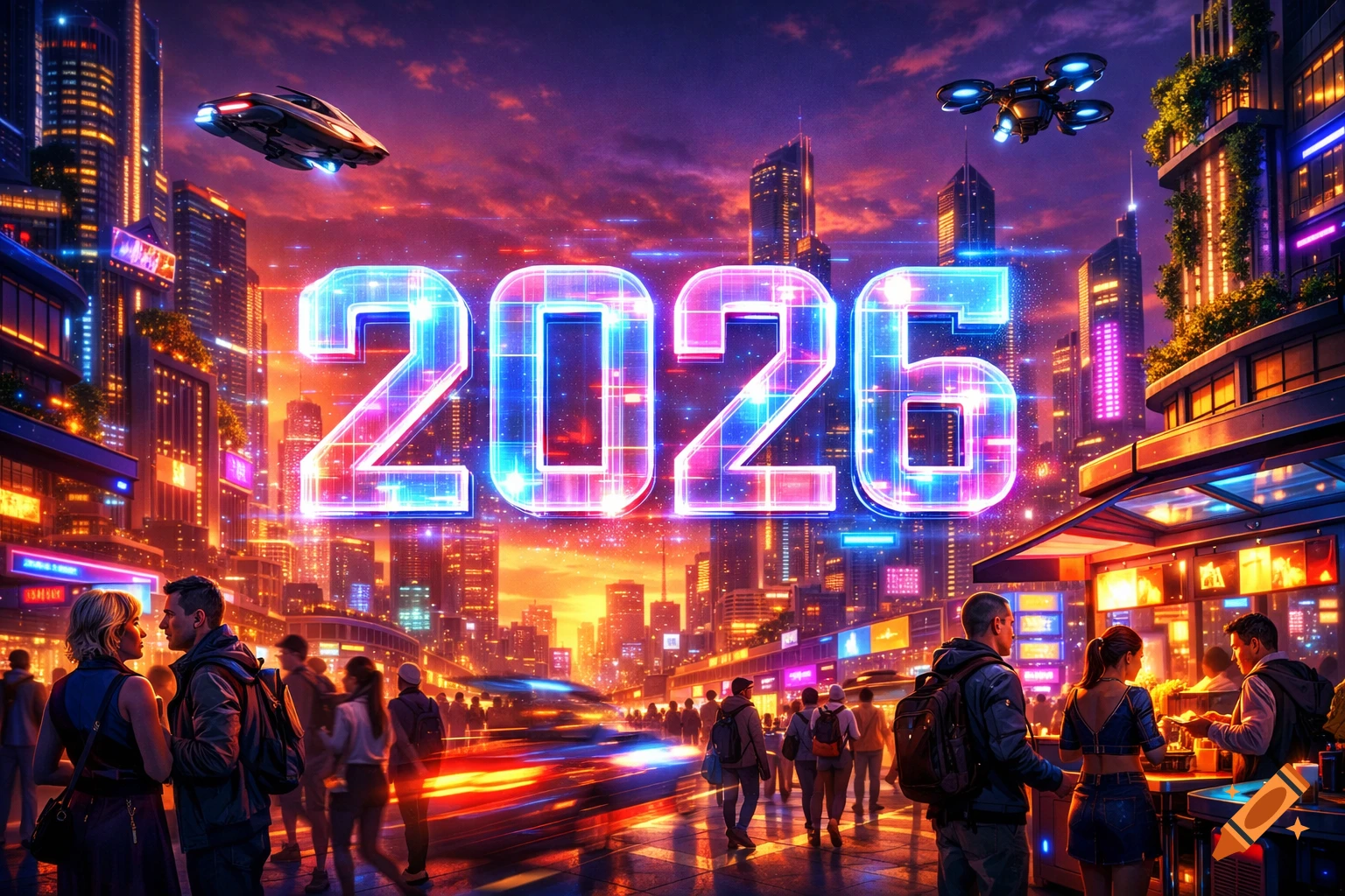 A vibrant, futuristic cityscape at sunset, with glowing neon lights and ...