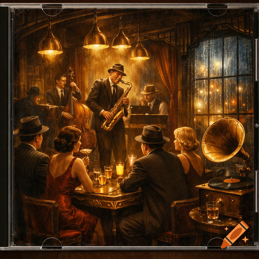 Painterly scene of a jazz band performing in a dimly lit 1940s bar on a rainy night, with patrons enjoying drinks.