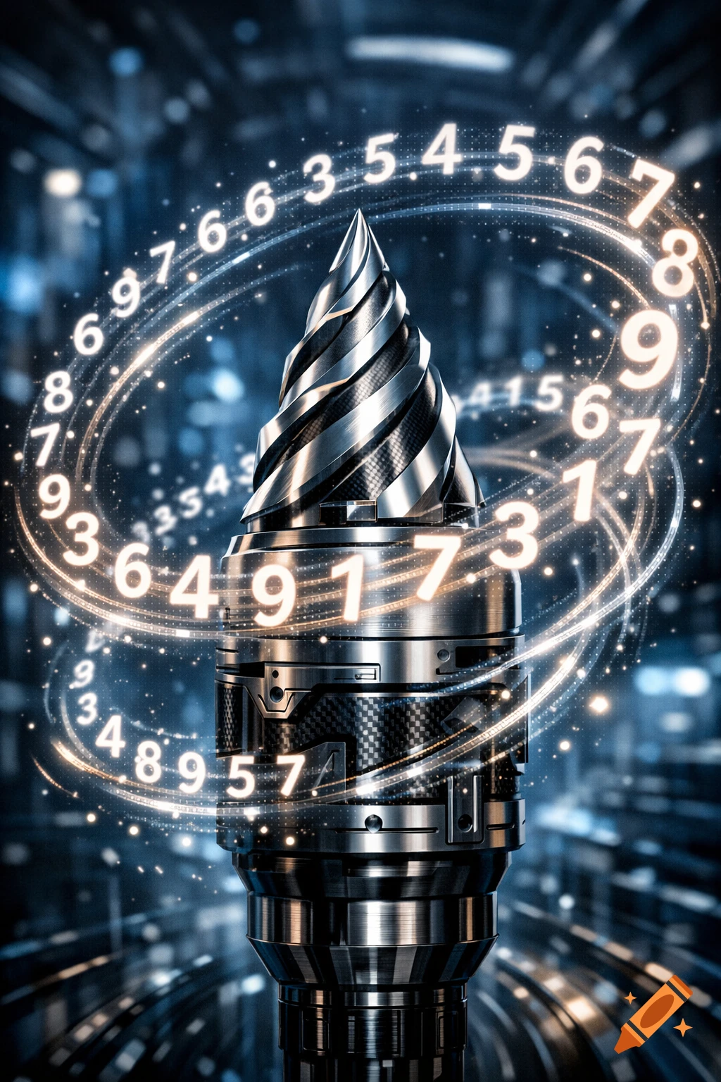 A metallic drill bit with a spiral design stands upright, surrounded by glowing white numbers swirling in an abstract, blue-toned digital background.