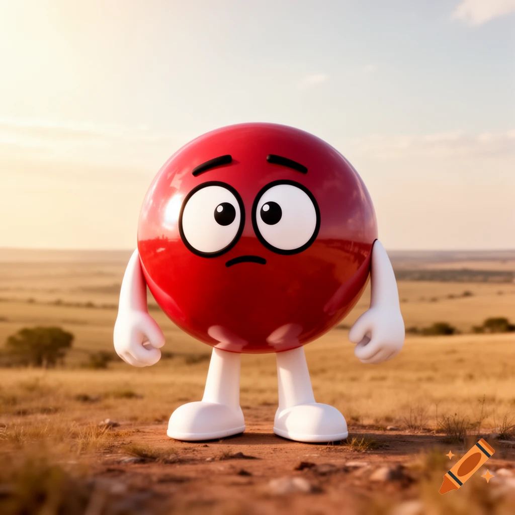 A sad-looking red M&M's-like character with white arms and legs stands in a dry, grassy field under a bright sky.
