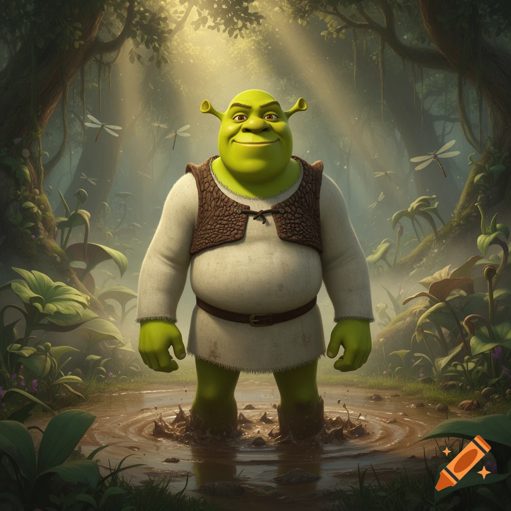 A smiling Shrek stands in a muddy puddle in a sunlit, mystical forest with dragonflies, in a detailed cartoon style.