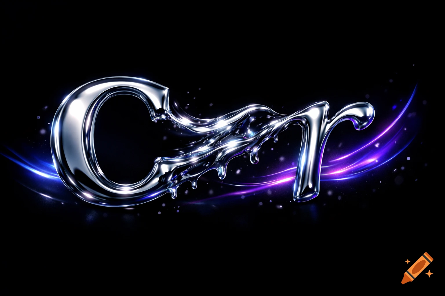 Shiny chrome letter 'C' morphs into 'r' with dripping liquid metal effect, against a dark background with blue and purple light streaks.