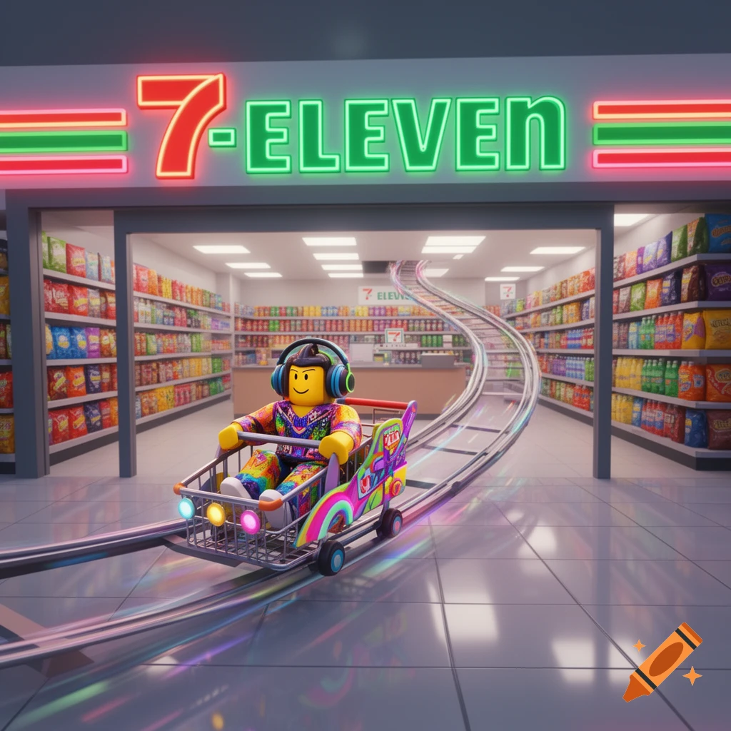 A vibrant 3D render of a Lego-style character in headphones riding a colorful shopping cart on a rollercoaster track inside a 7-Eleven convenience store.