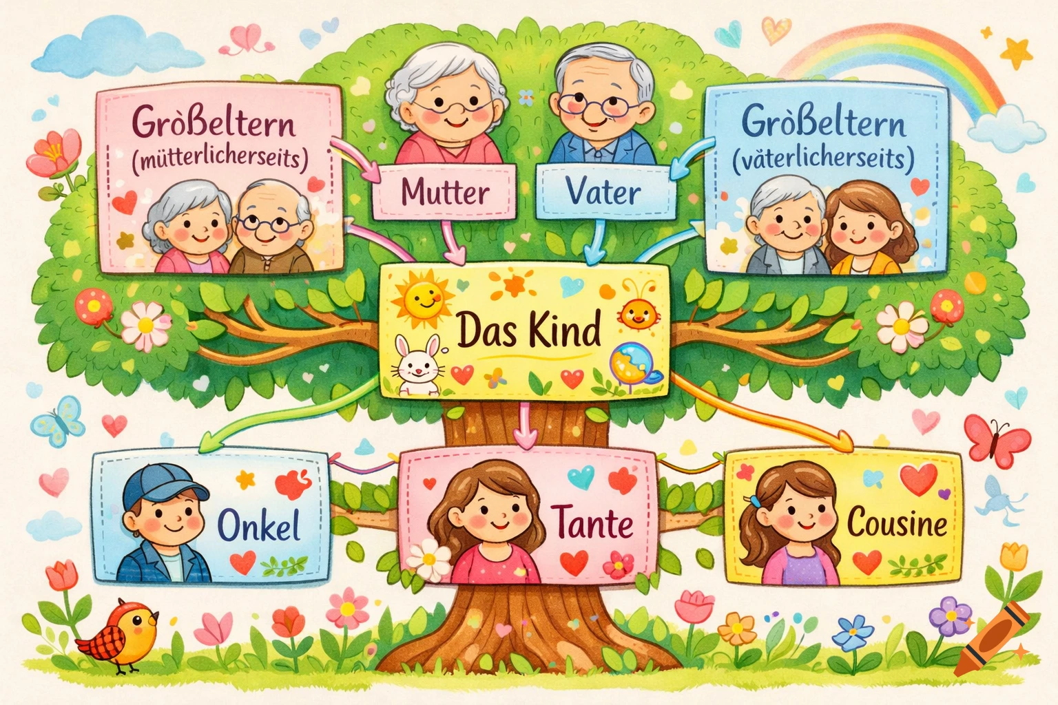 A colorful, child-friendly illustration of a family tree, featuring smiling cartoon family members labeled in German.