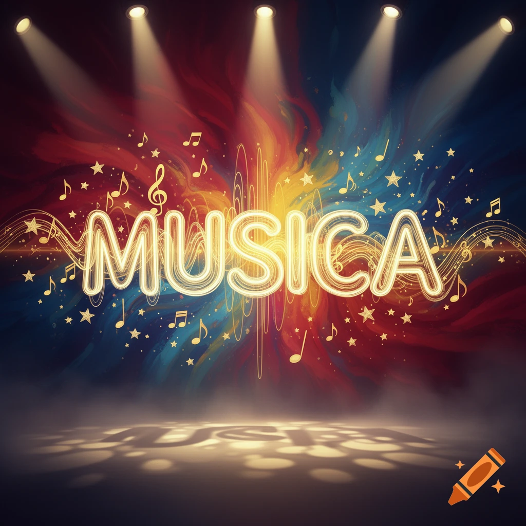 Glowing neon 'MUSICA' sign on a vibrant, colorful abstract background with stage lights, music notes, and stars.