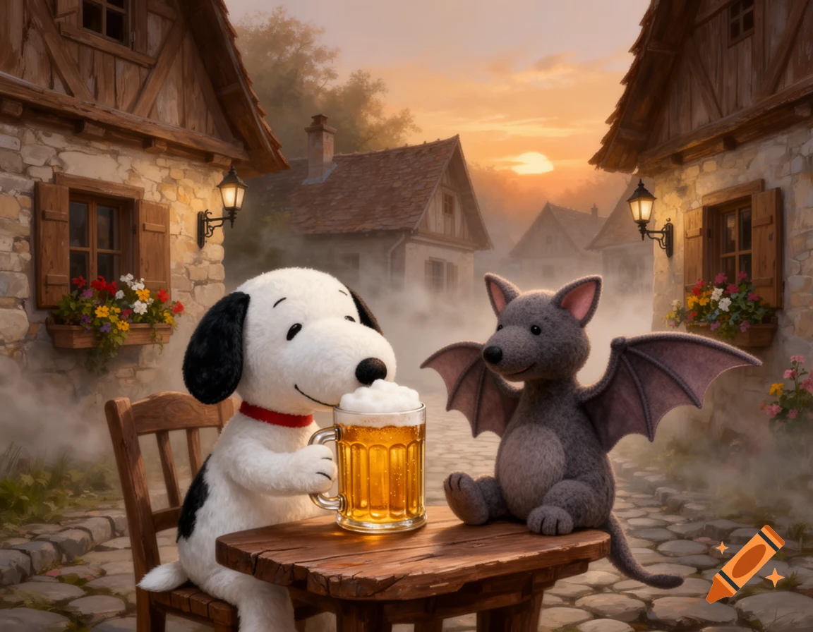 A Snoopy plush toy sits at a wooden table drinking beer with a bat plush in a misty village setting at sunset.