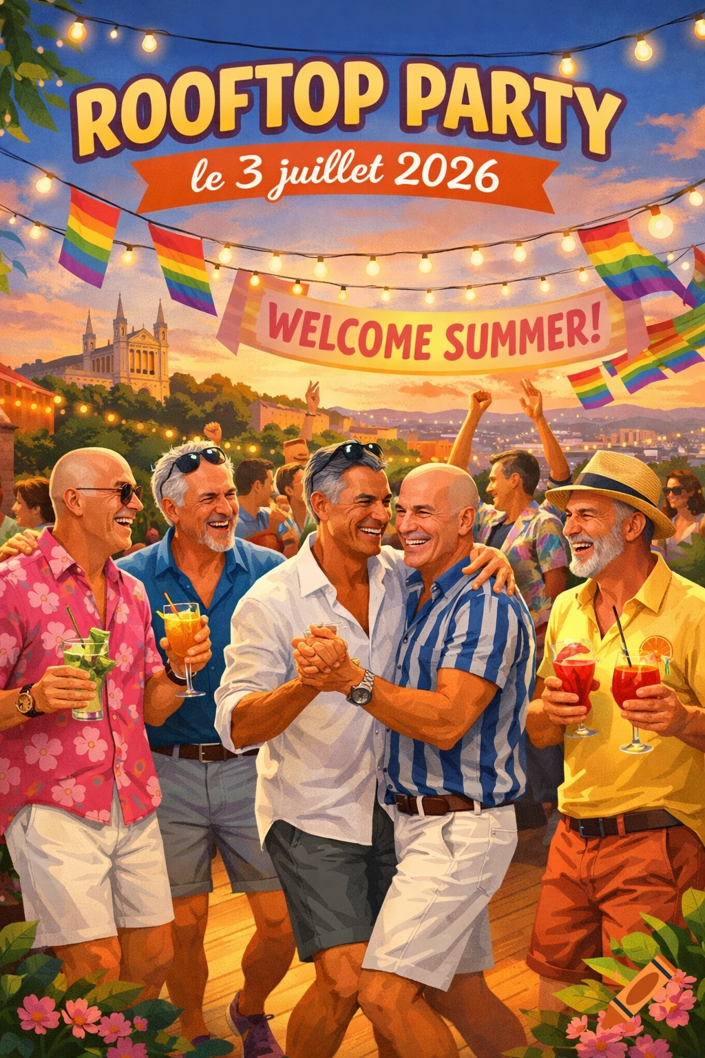 Joyful group of diverse gay men dancing and drinking cocktails at a lively rooftop party with rainbow flags and city views, in a vibrant illustration style.