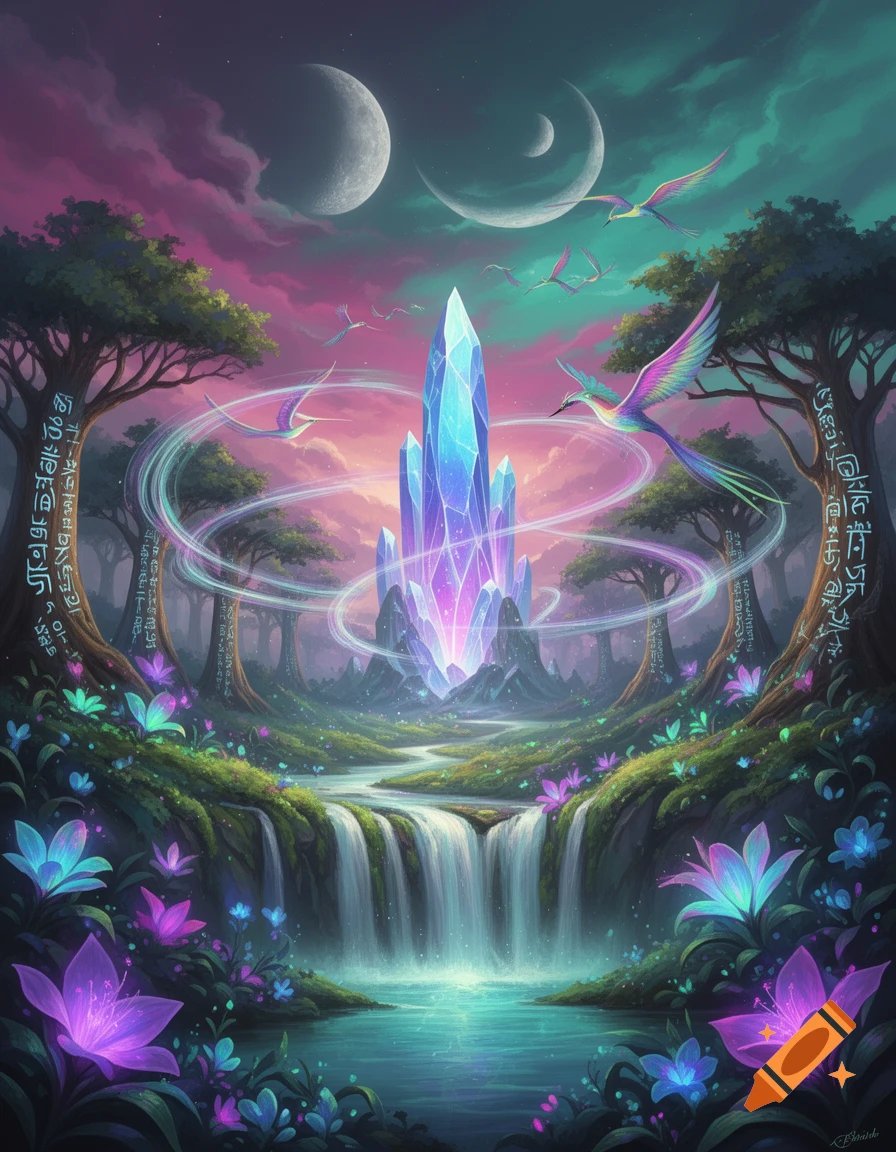 Vibrant fantasy landscape with a towering central crystal, waterfalls, glowing flowers, and birds flying under two moons.