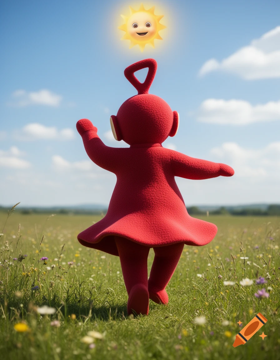 A red Teletubby, Po, dances in a green field with wildflowers under a blue sky and smiling sun.