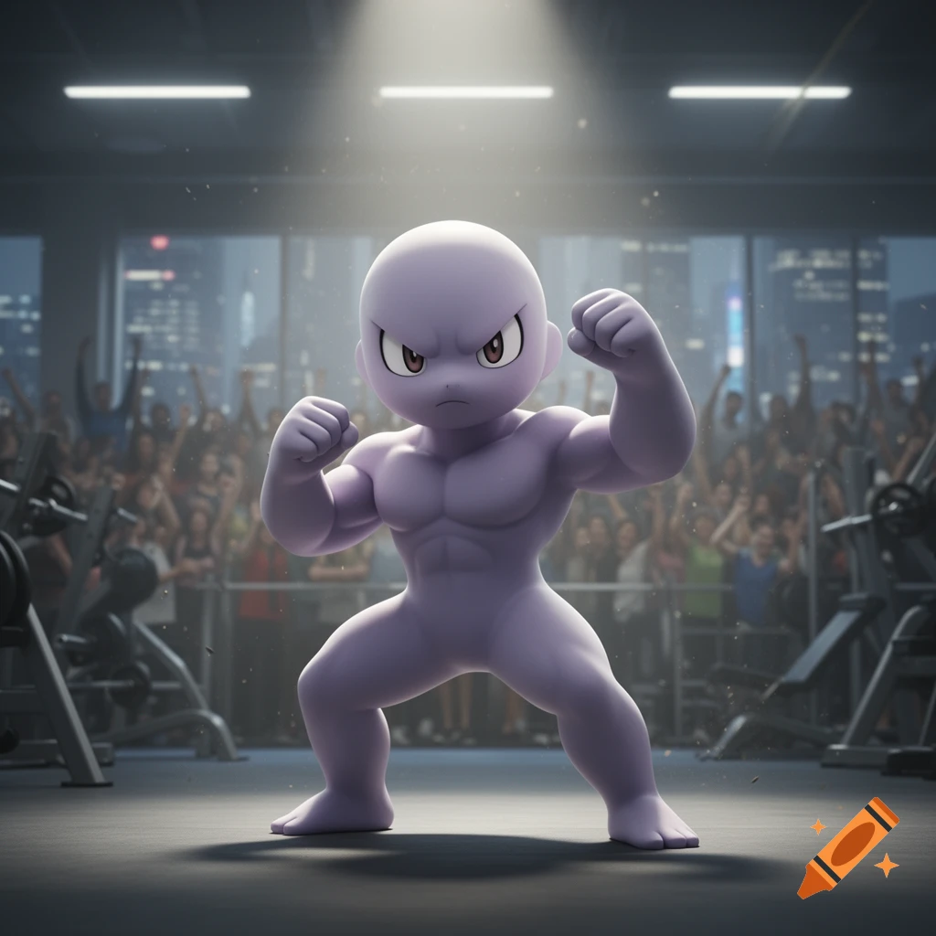 A muscular, purple, cartoon-style character with a stern face, posed like a fighter in a gym under a spotlight.