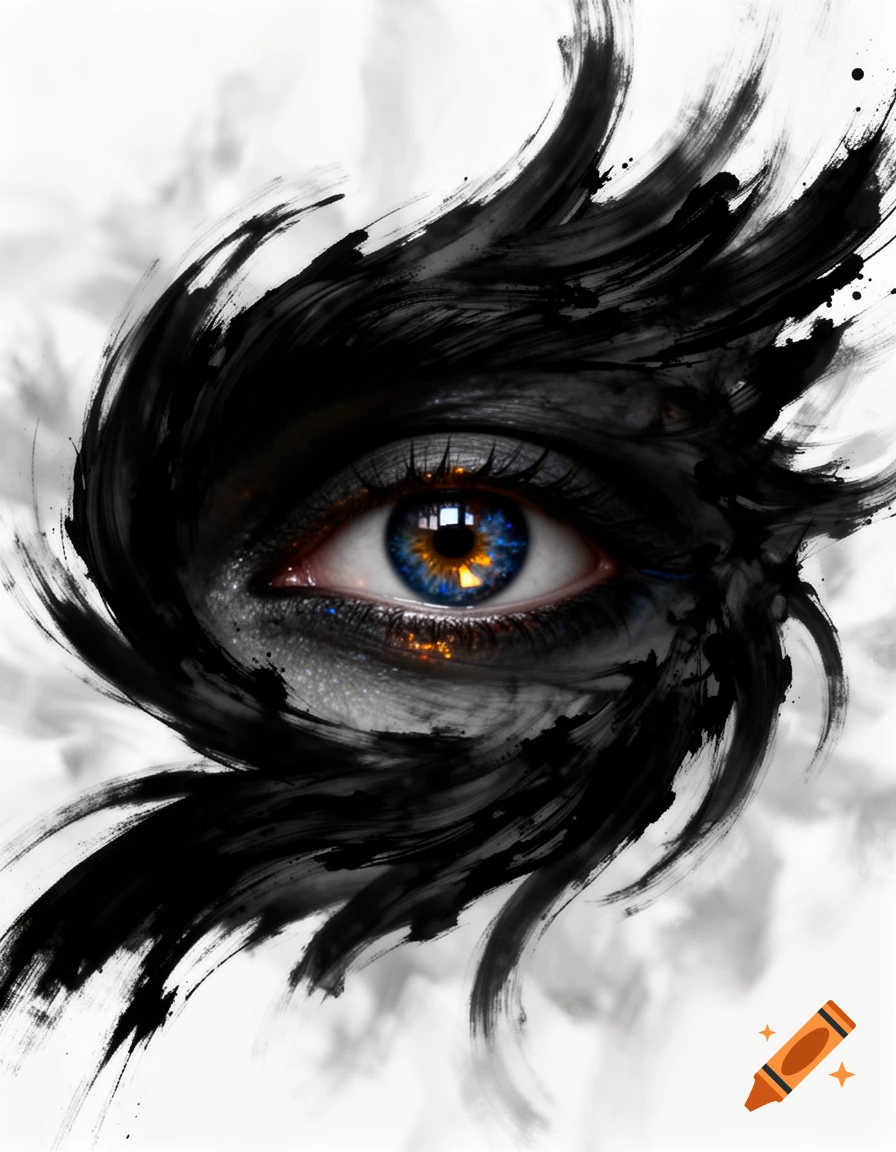 A detailed blue and orange eye surrounded by dynamic black brushstrokes on a white background, in a stylized, artistic manner.