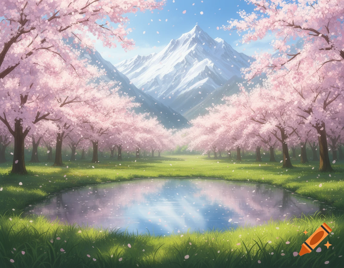 A serene anime-style landscape with a pond surrounded by pink cherry blossom trees, green grass, and snow-capped mountains under a blue sky.